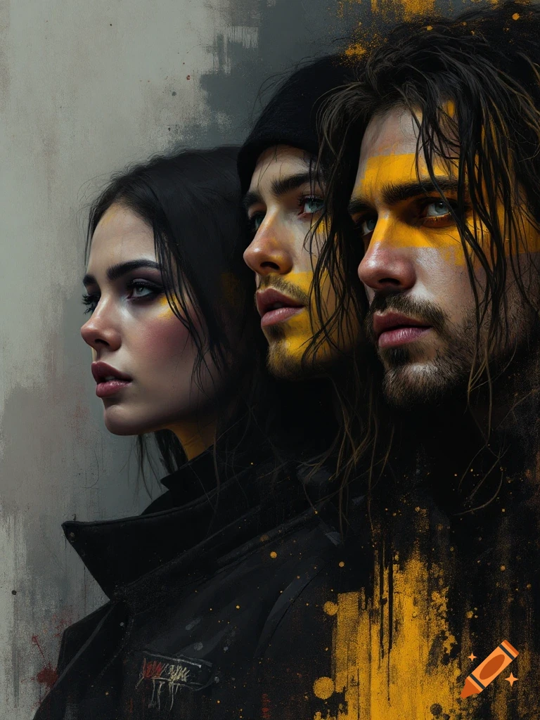 Three people, a woman and two men, in profile, with dark clothing and yellow paint splatters on their faces and bodies, against a grunge background.