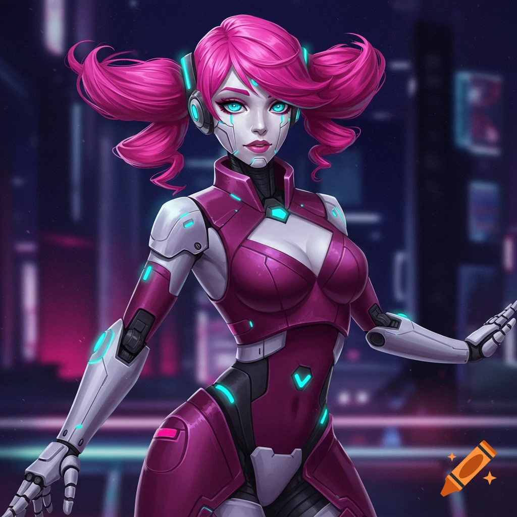 A stylized digital art portrait of a female robot with vibrant pink hair, glowing blue eyes, and magenta and white futuristic armor, set against a blurred neon city background.