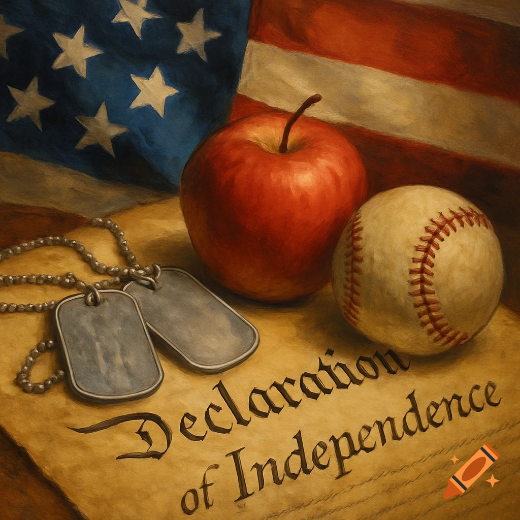 Painterly still life with an American flag, dog tags, red apple, baseball, and Declaration of Independence text.