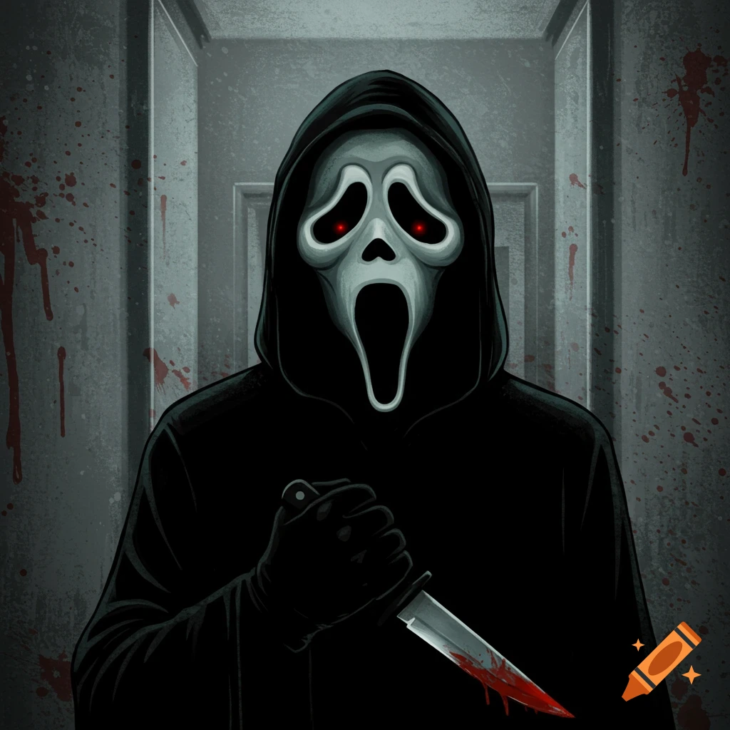 A stylized illustration of Ghostface from Scream, holding a bloody knife in a dark hallway with blood splatters on the wall.
