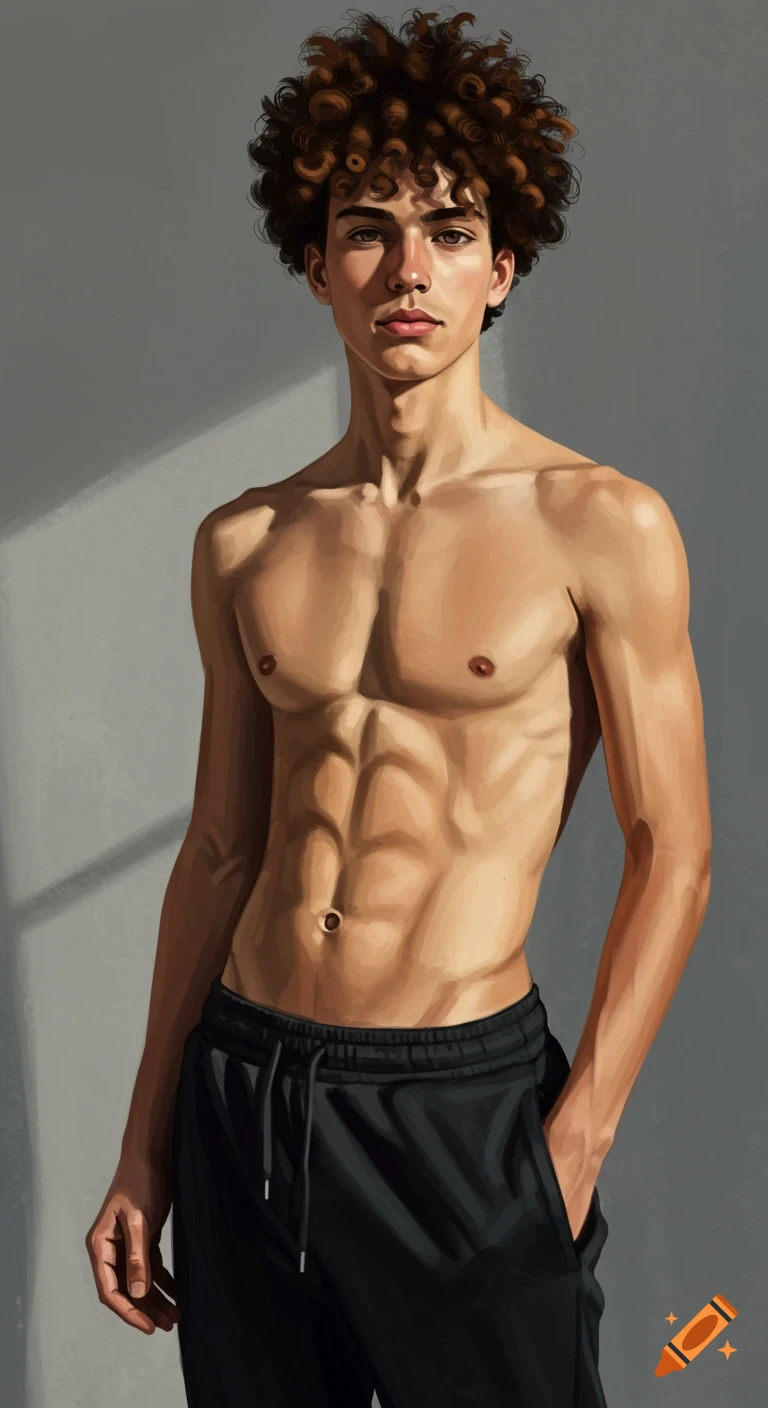 Digital painting of a shirtless young man with curly brown hair, black sweatpants, and visible abs, standing against a grey wall.