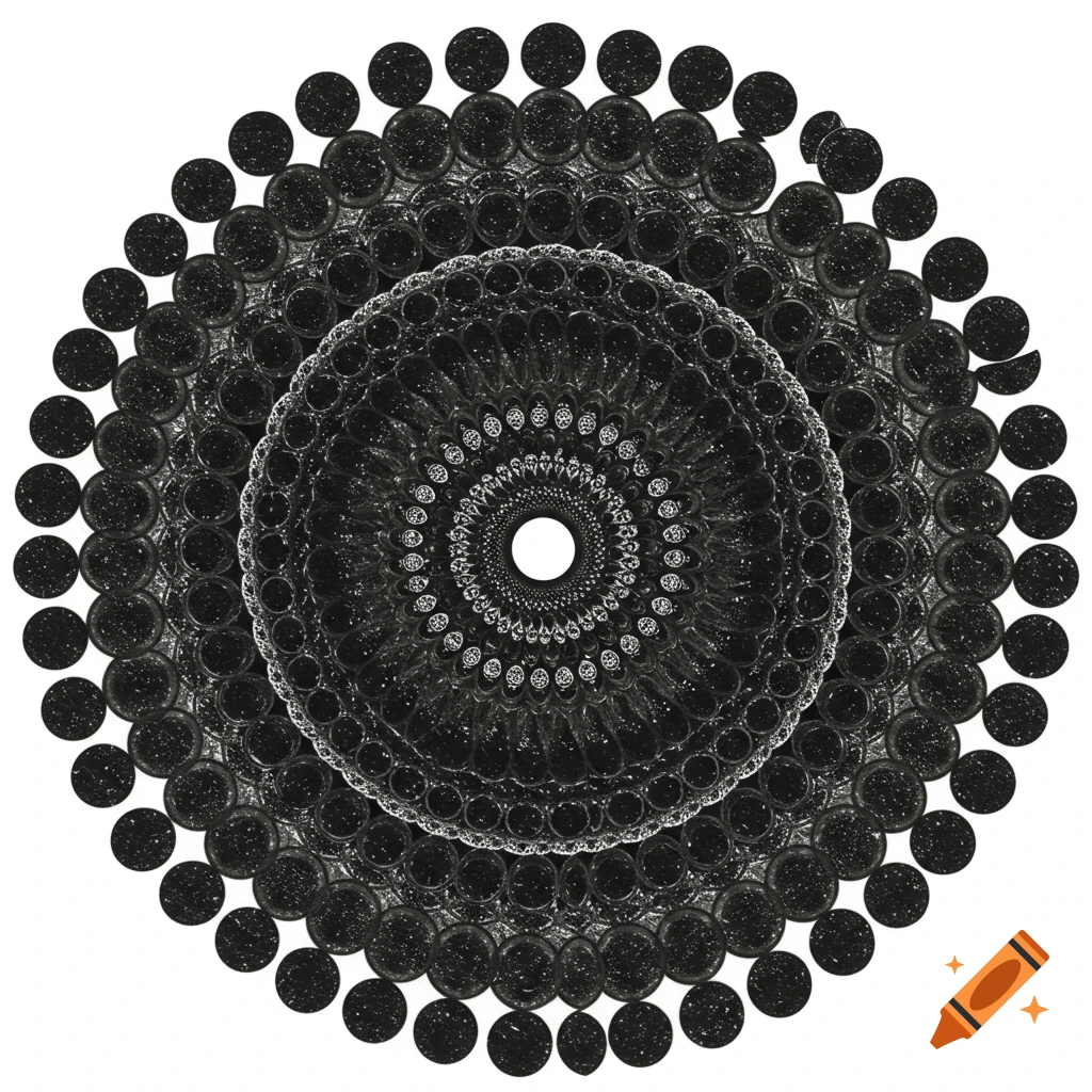A black and white abstract circular pattern made of concentric rings of textured dots and smaller circles on a white background.
