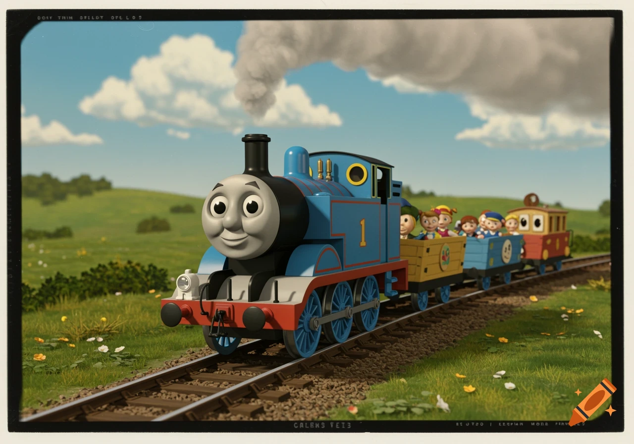 Thomas the Tank Engine smiles while pulling two train cars with cartoon children through a green landscape under a blue sky, in a 1930s Disney style.