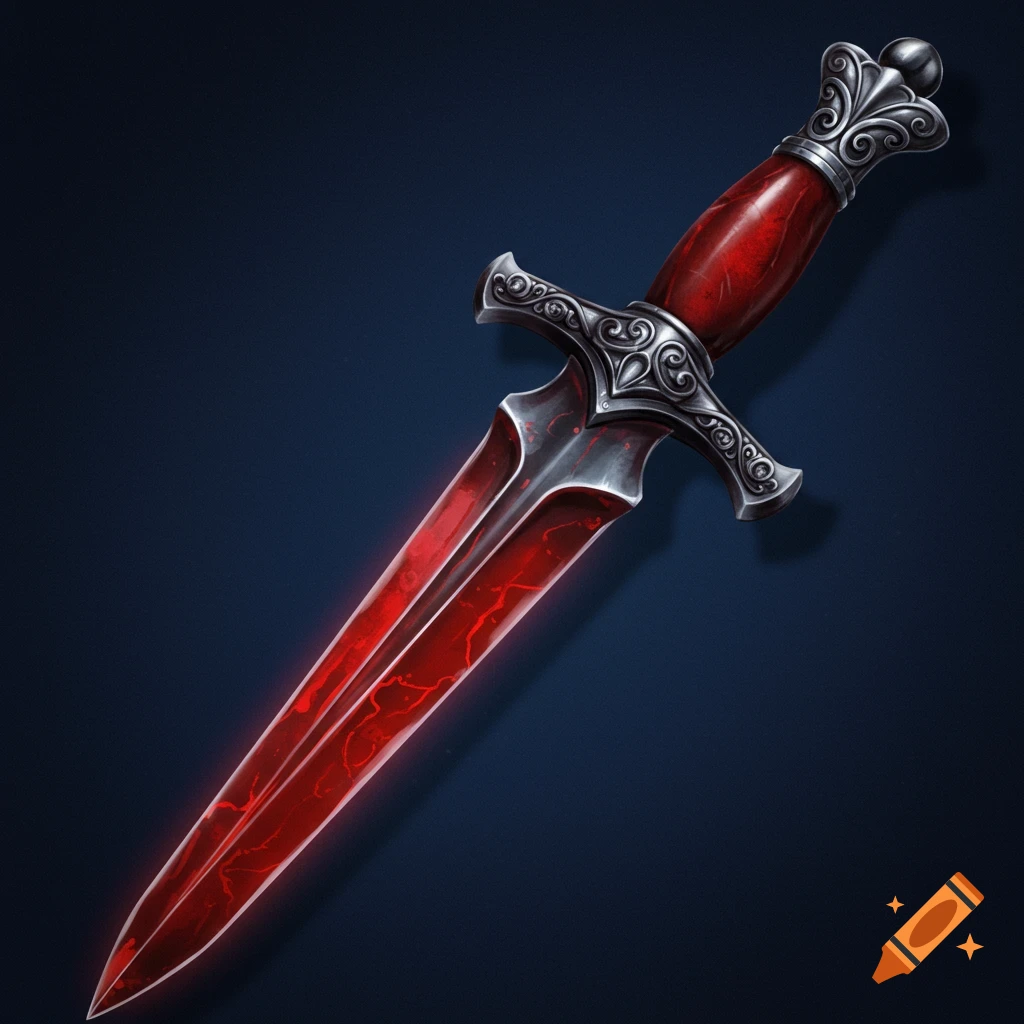 A detailed fantasy bloodstone dagger with a red glowing blade and an ornate silver handle against a dark background.