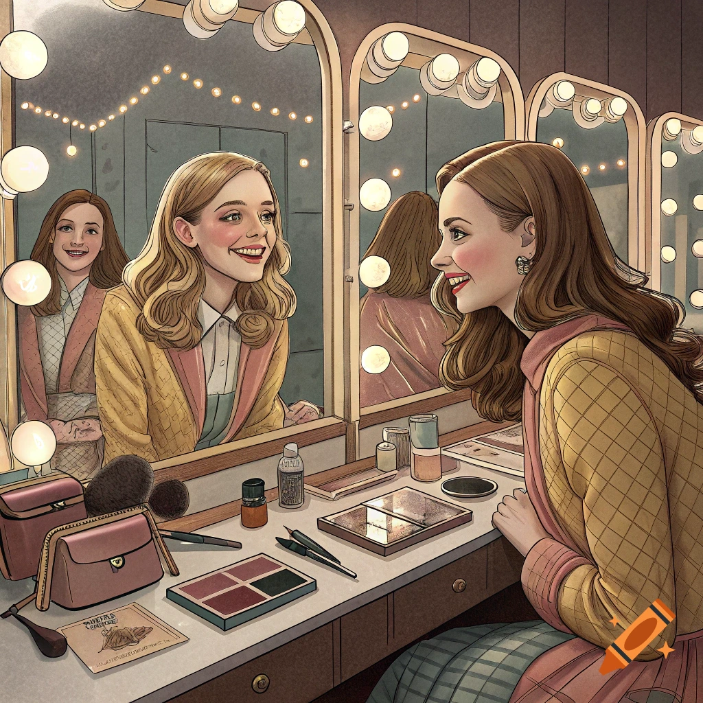 Two smiling women in a vintage-style dressing room with mirrors and vanity lights, applying makeup. One woman looks at her reflection while another is visible in the background mirror.