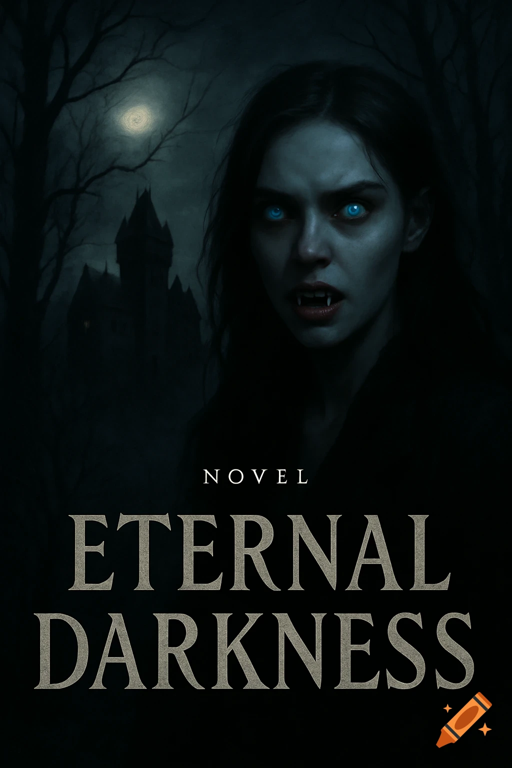 Realistic dark fantasy book cover: vampire girl with glowing blue eyes and fangs, eerie castle, bare trees, moonlight. Text: "NOVEL ETERNAL DARKNESS."