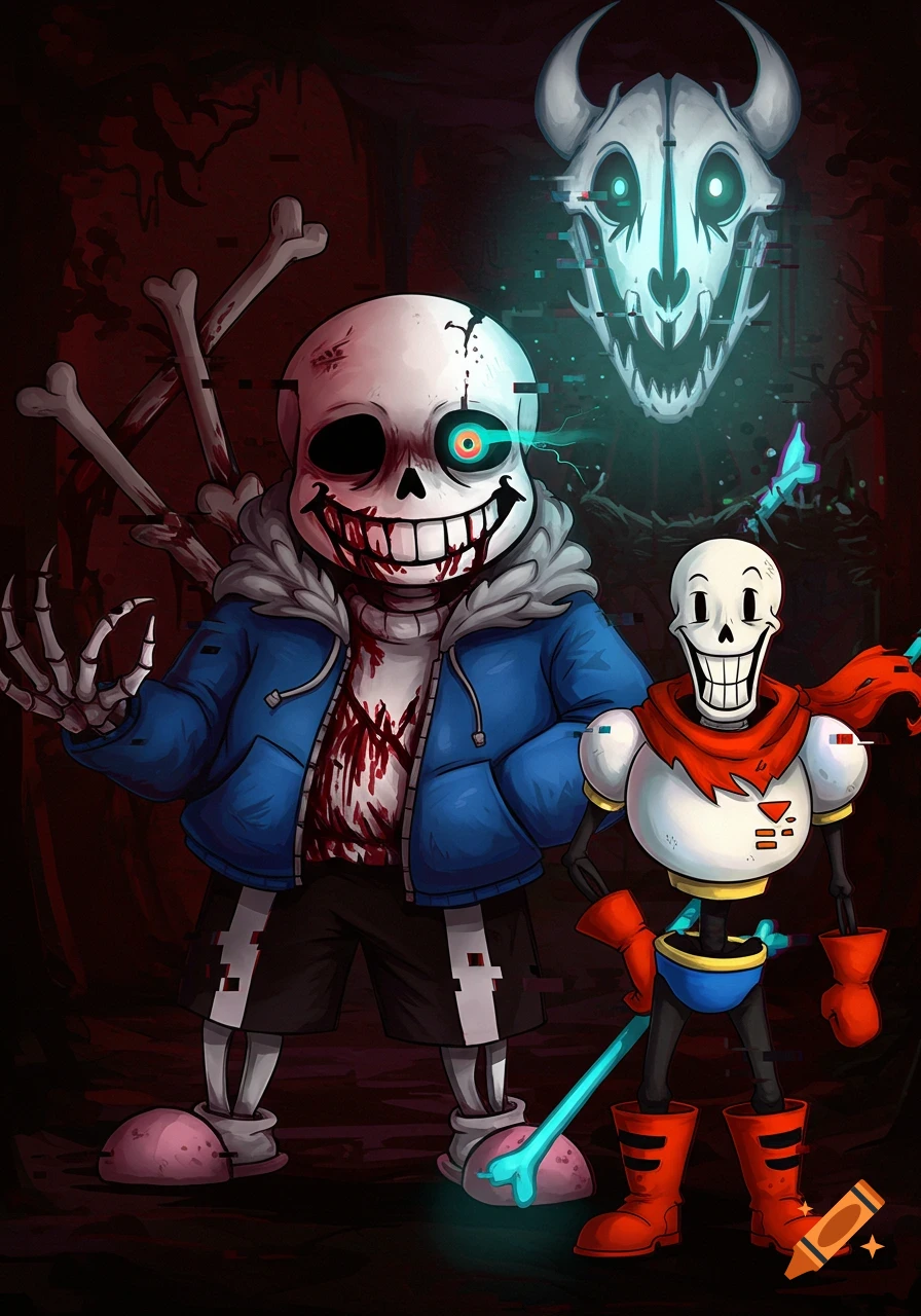 Creepy, broken Sans with blood and glitch effects stands beside a normal Papyrus from Undertale, with a floating skull above.