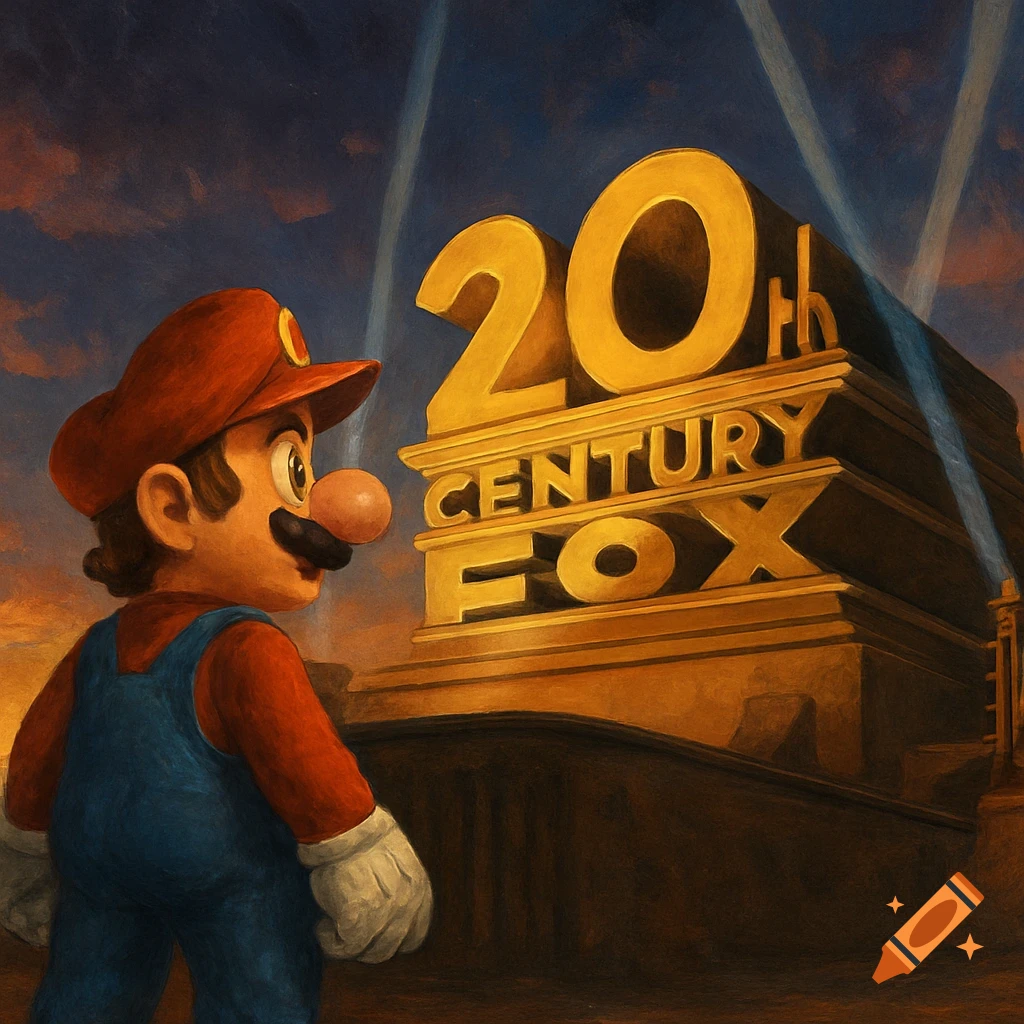 Mario stands looking up at a golden 20th Century Fox logo in a painted style, with spotlights shining against a dramatic sky.
