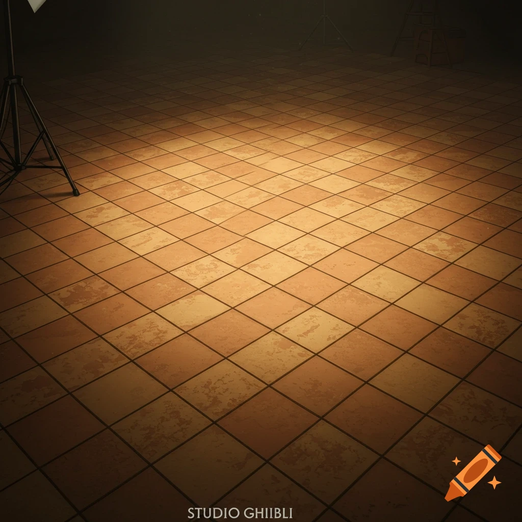 A tiled floor in a dimly lit studio with a spotlight, in the style of Studio Ghibli animation.