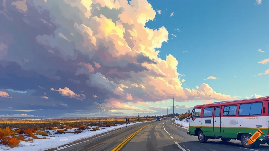 A bus drives on a snowy road under a vast sky filled with dramatic, colorful clouds, resembling a painting.