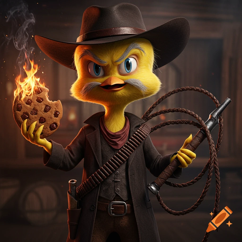 A cartoon Tweety Bird resembling an old man in a cowboy hat and coat, holding a burning cookie and a whip.