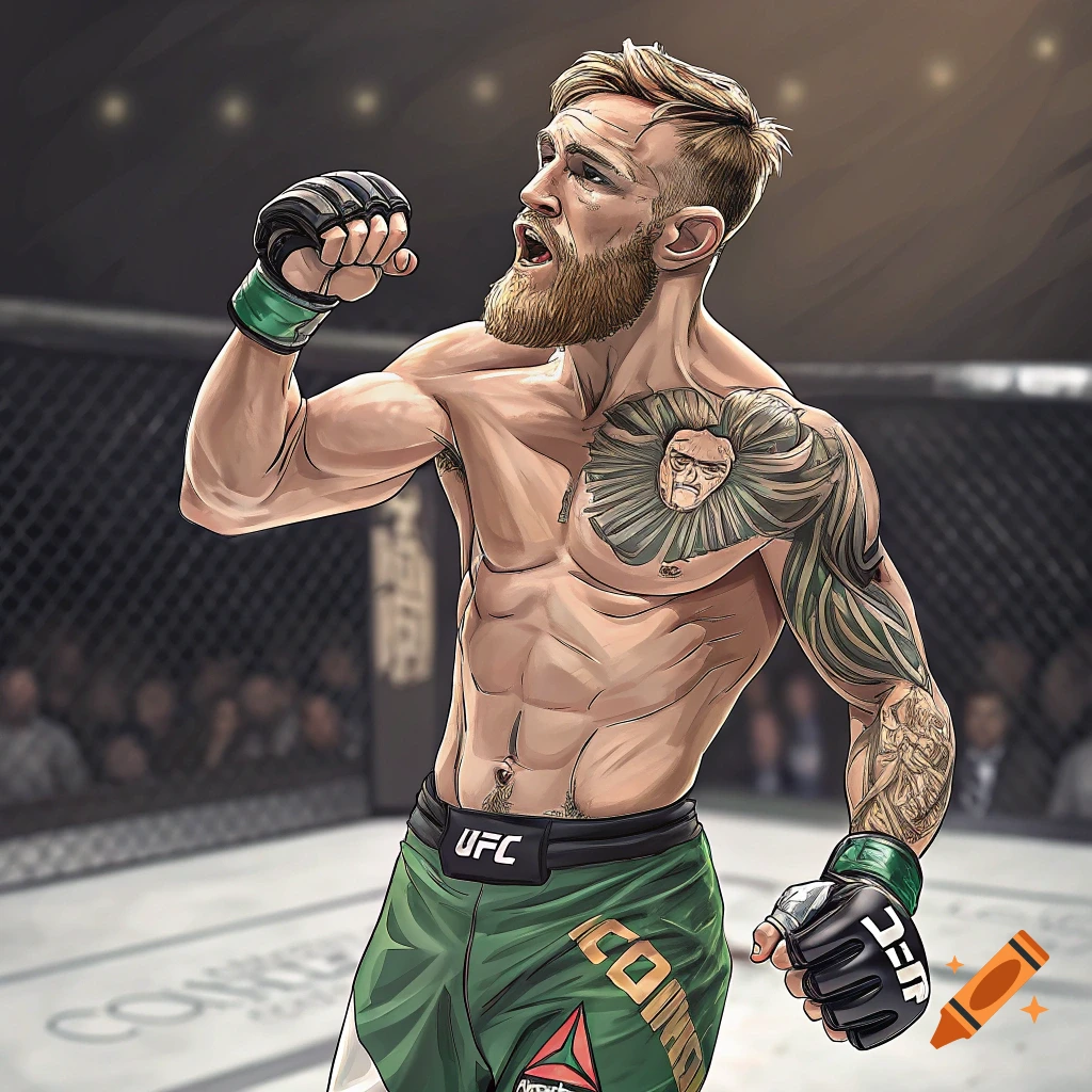 Illustrated portrait of a male MMA fighter, resembling Conor McGregor, celebrating in a UFC octagon with his fist raised.