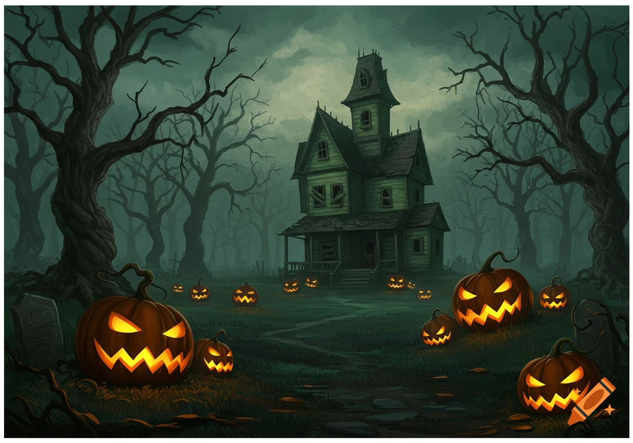 An eerie illustration of a haunted house in a spooky forest with glowing jack-o'-lanterns lining a path at dusk.