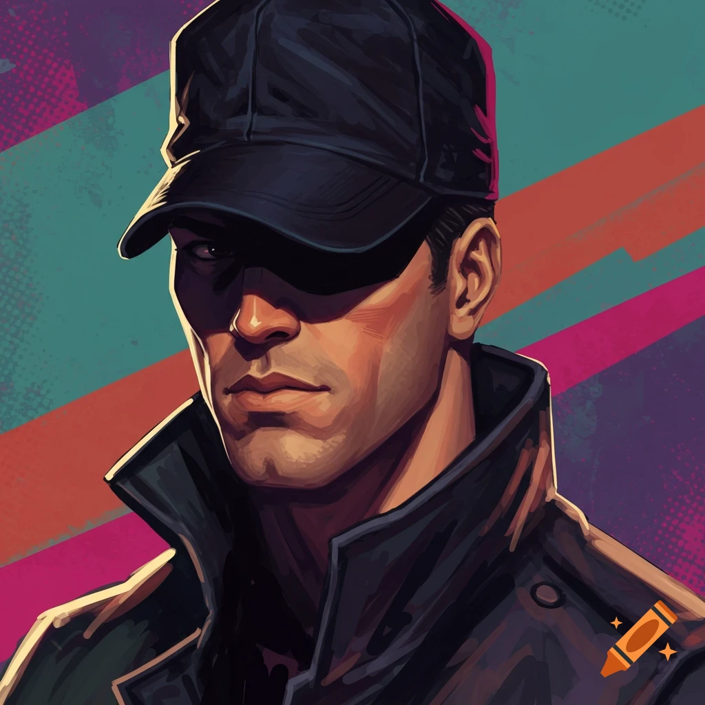 A stylized illustration of a man in a black cap and dark jacket, partially shadowed, against a colorful abstract background.