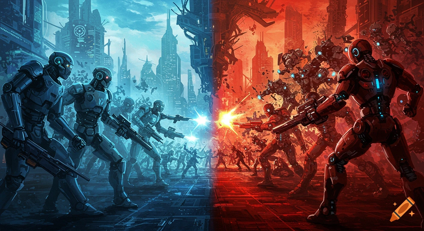 Epic sci-fi battle scene with blue robots fighting red robots in a futuristic city, split between harmony and destruction.