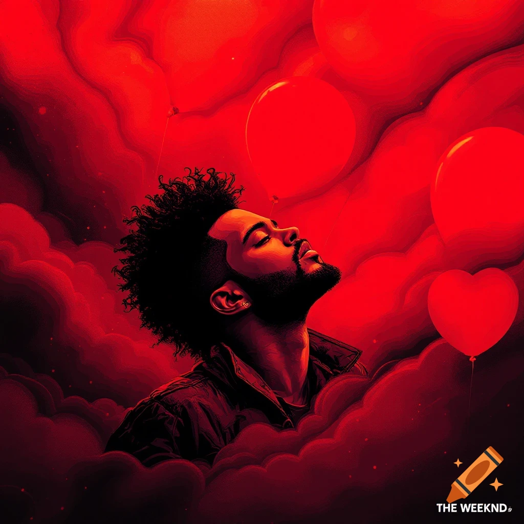 Stylized portrait of a man with curly hair and beard, eyes closed, surrounded by red clouds and balloons, with 'THE WEEKND' text.