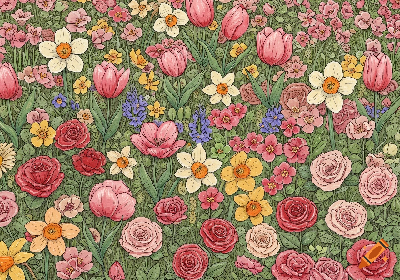 Hand-drawn illustration of a vibrant field filled with various colorful flowers like tulips, roses, and daffodils.