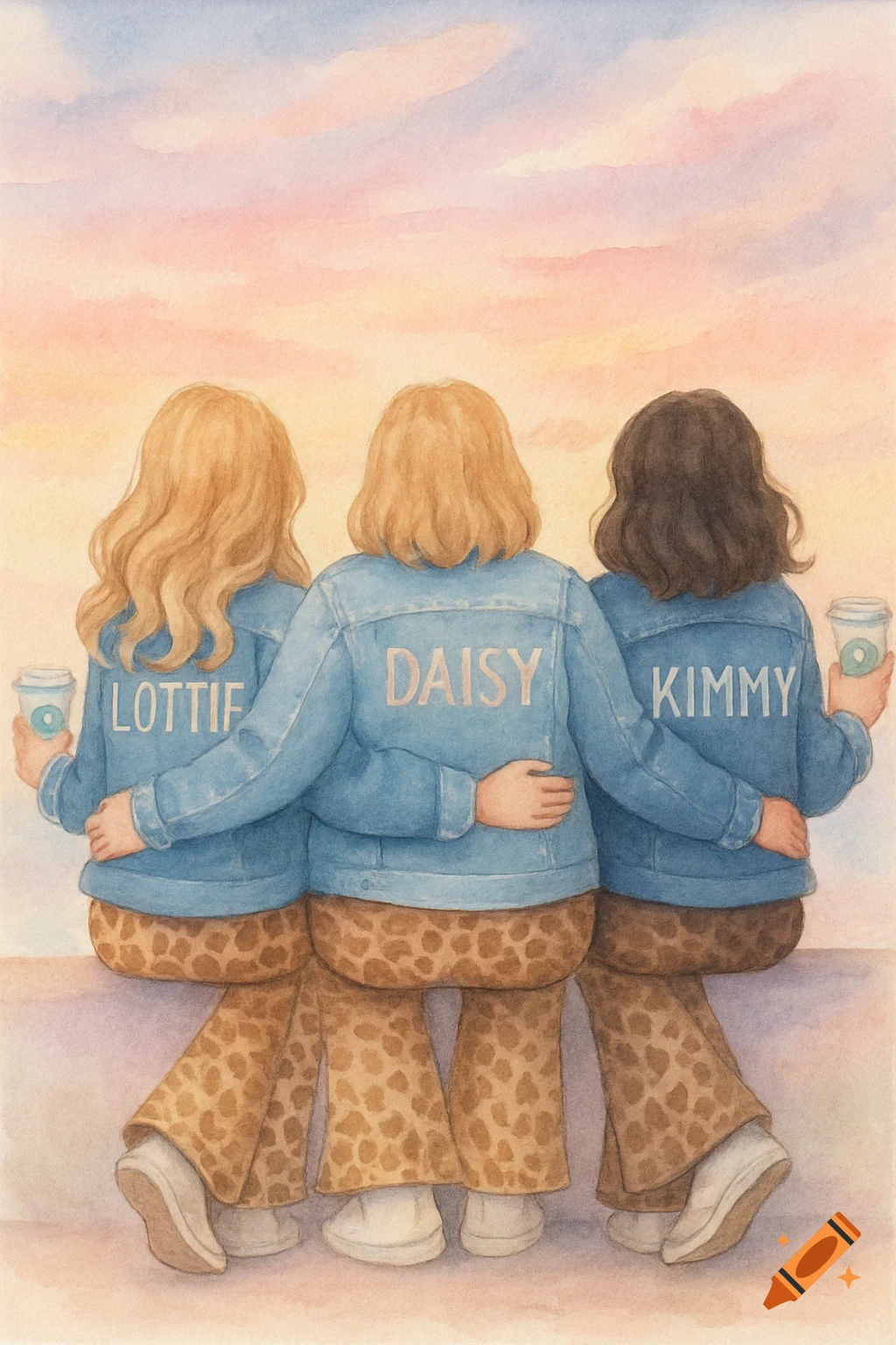 Watercolor painting of three friends in denim jackets and leopard print pants, viewed from behind, watching a pastel sunset.
