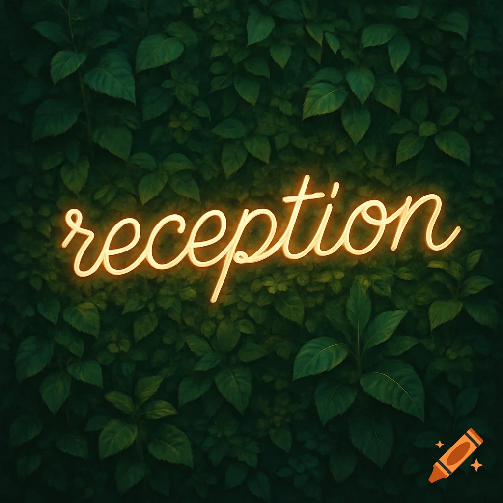 A neon sign spelling 'reception' glows orange against a lush green wall of artificial foliage.