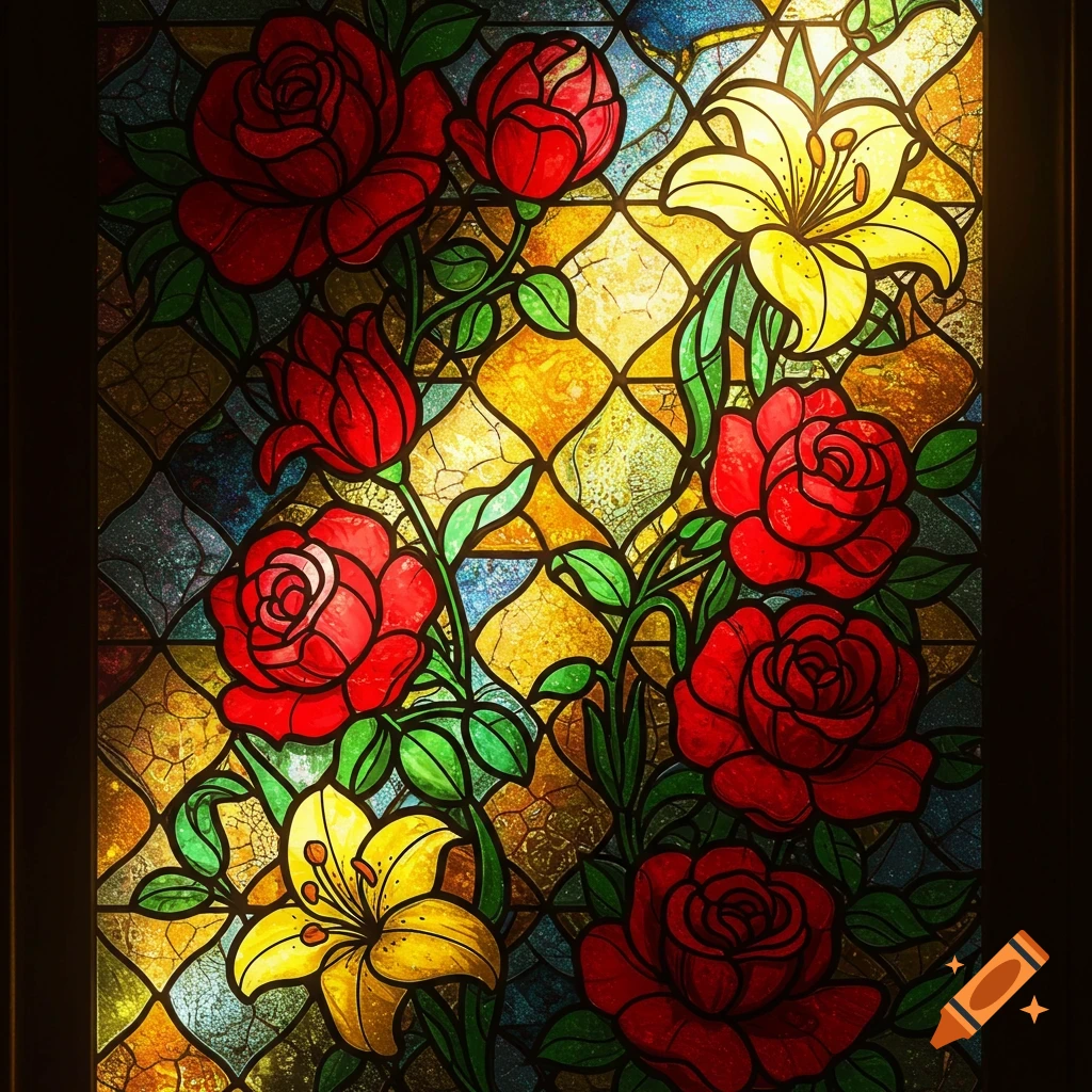 A vibrant stained glass window with red roses and yellow lilies on a geometric background.