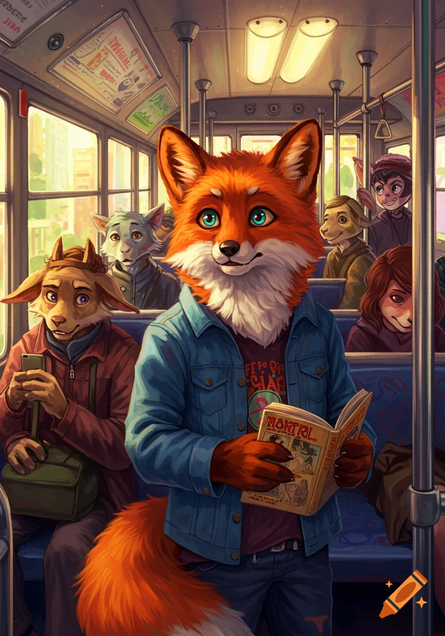 An anthropomorphic fox with bright blue eyes, wearing a denim jacket, reads a book while riding a bus filled with other animal-like characters.