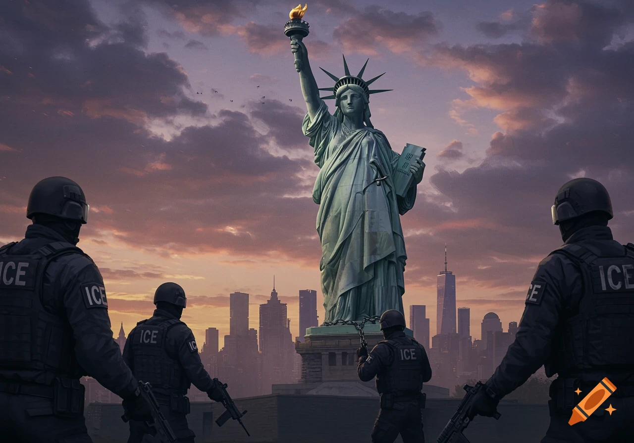 Photorealistic image of the Statue of Liberty standing prominently in a cityscape at sunset, surrounded by four armed ICE agents with their backs to the viewer.