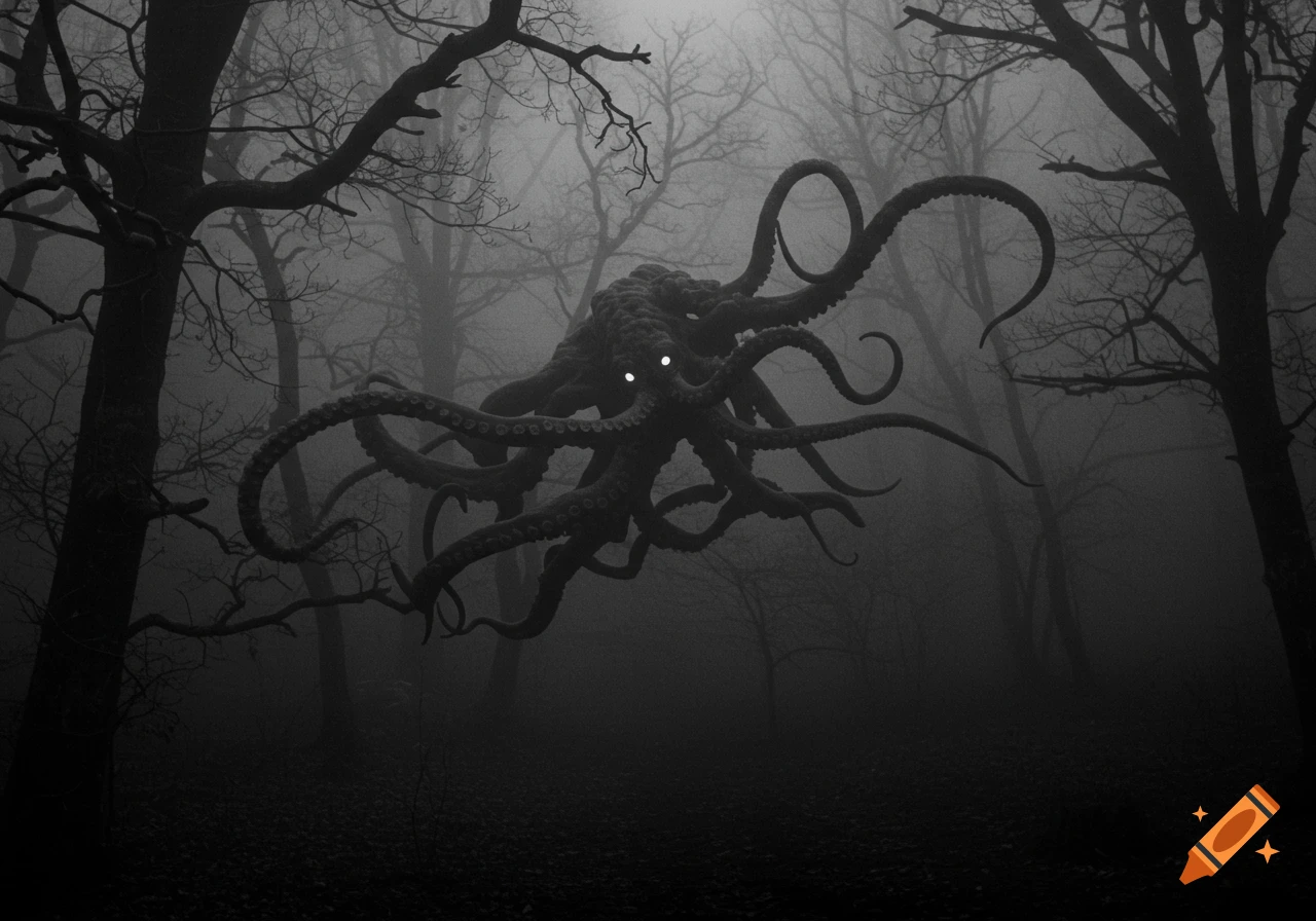 A monochrome image of a dark, tentacled creature with glowing eyes in a foggy, gnarled forest.