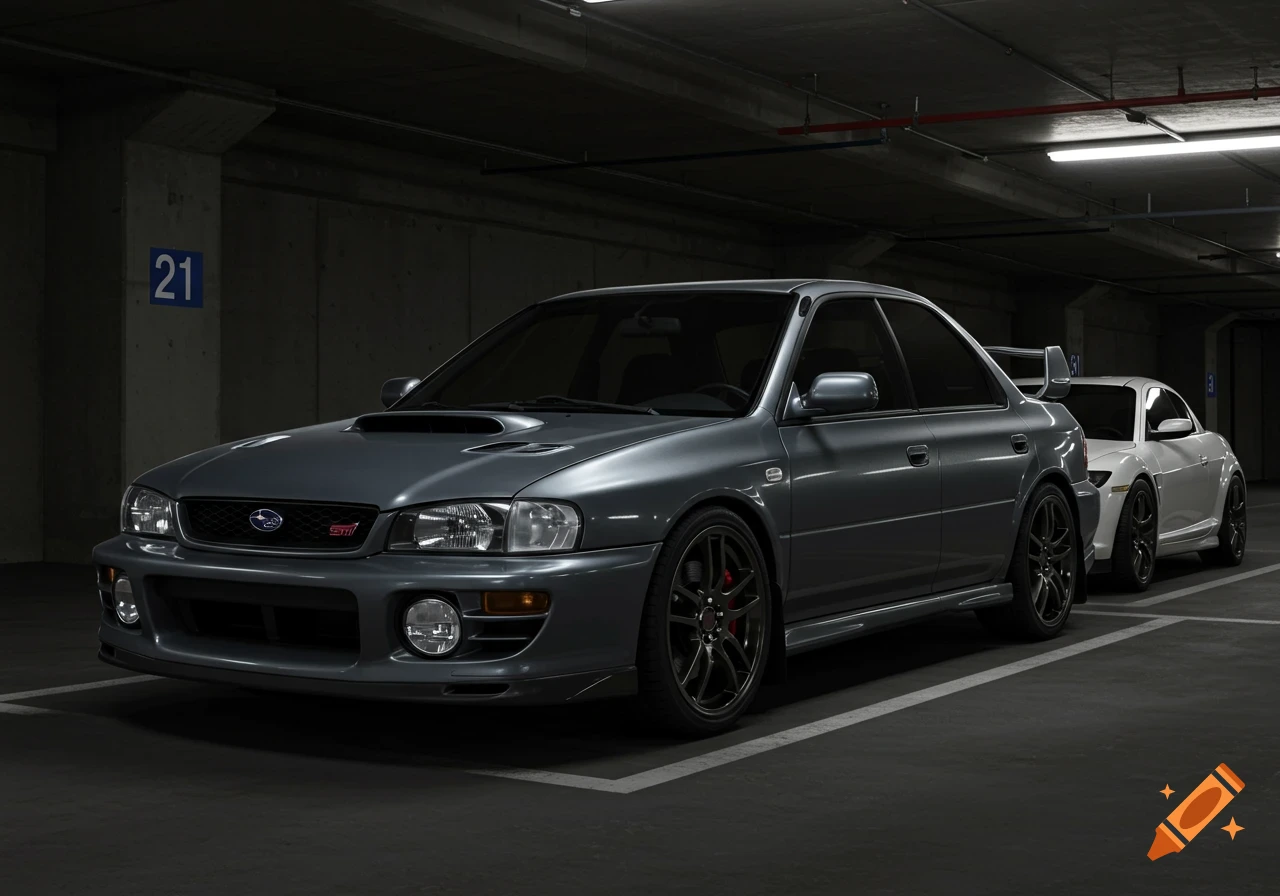 A grey Subaru WRX STI and a white Mazda RX-8 parked in an underground garage.