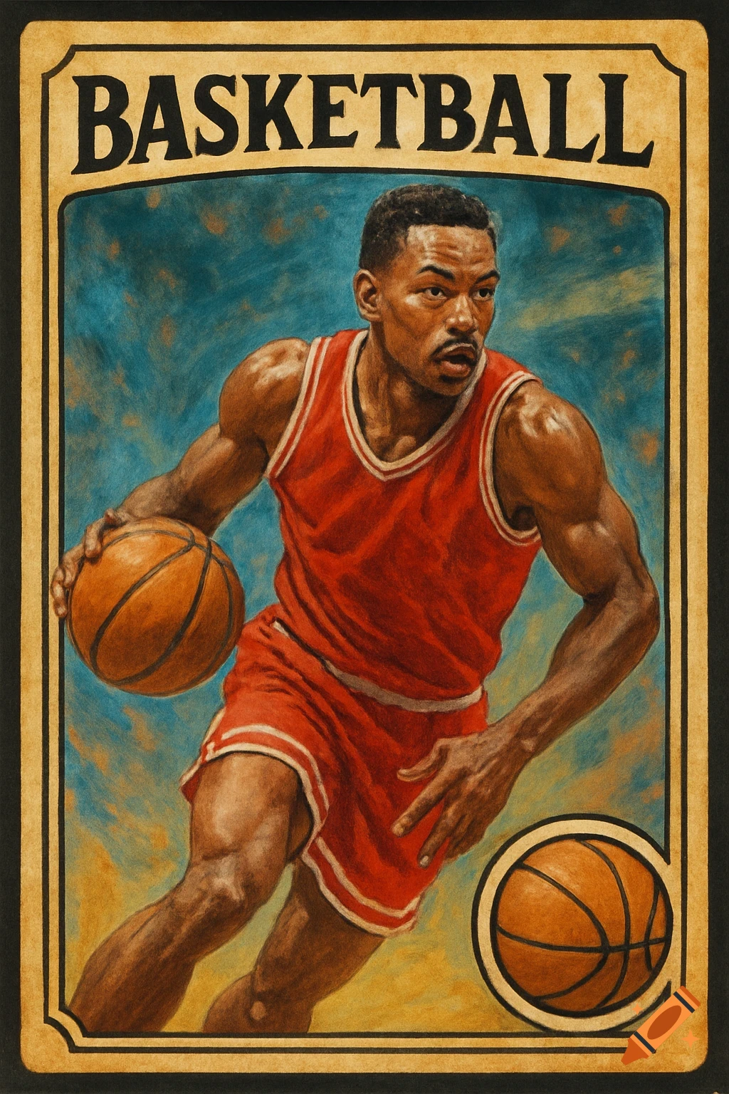 A vintage-style basketball trading card featuring a male player in a red jersey dribbling a basketball, with 'BASKETBALL' text at the top.