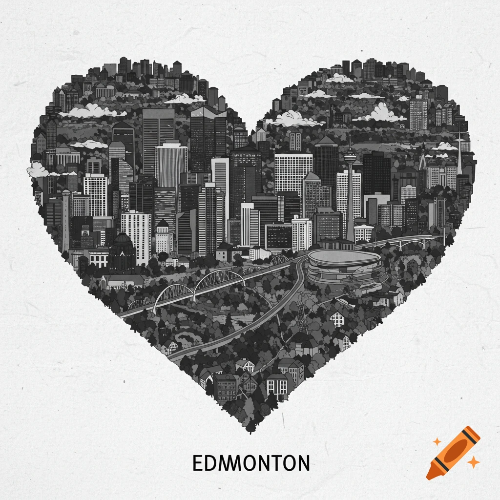 Black and white illustration of the Edmonton cityscape shaped like a heart, with 'EDMONTON' text below.