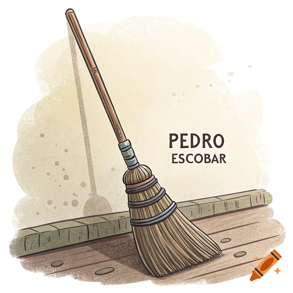 A stylized cartoon illustration of a broom leaning against a textured wall and wooden floor, with the name "PEDRO ESCOBAR" written next to it.