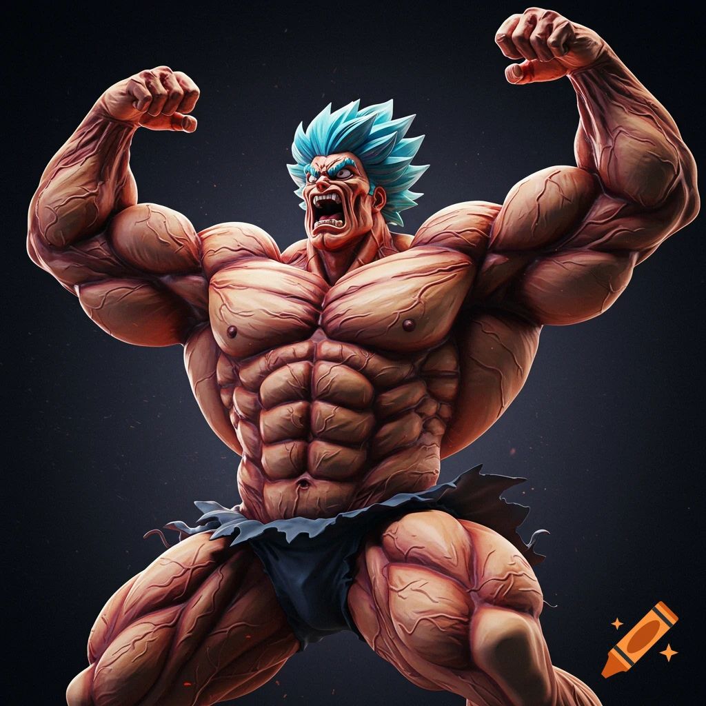 An extremely muscular, screaming anime character with blue spiky hair flexes his arms, detailed veins visible.