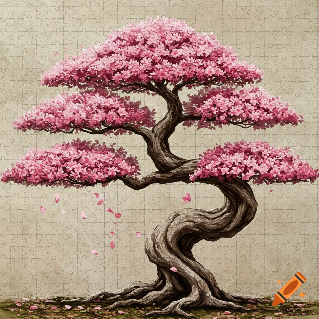 An illustrated bonsai tree with vibrant pink flowers, some petals falling, set against a background of puzzle pieces.