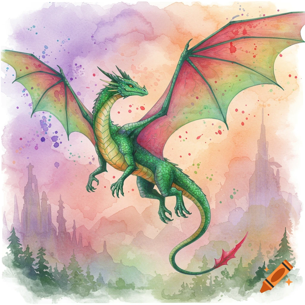 A vibrant green dragon with pink and green wings flies over a colorful watercolor landscape with castles and trees.