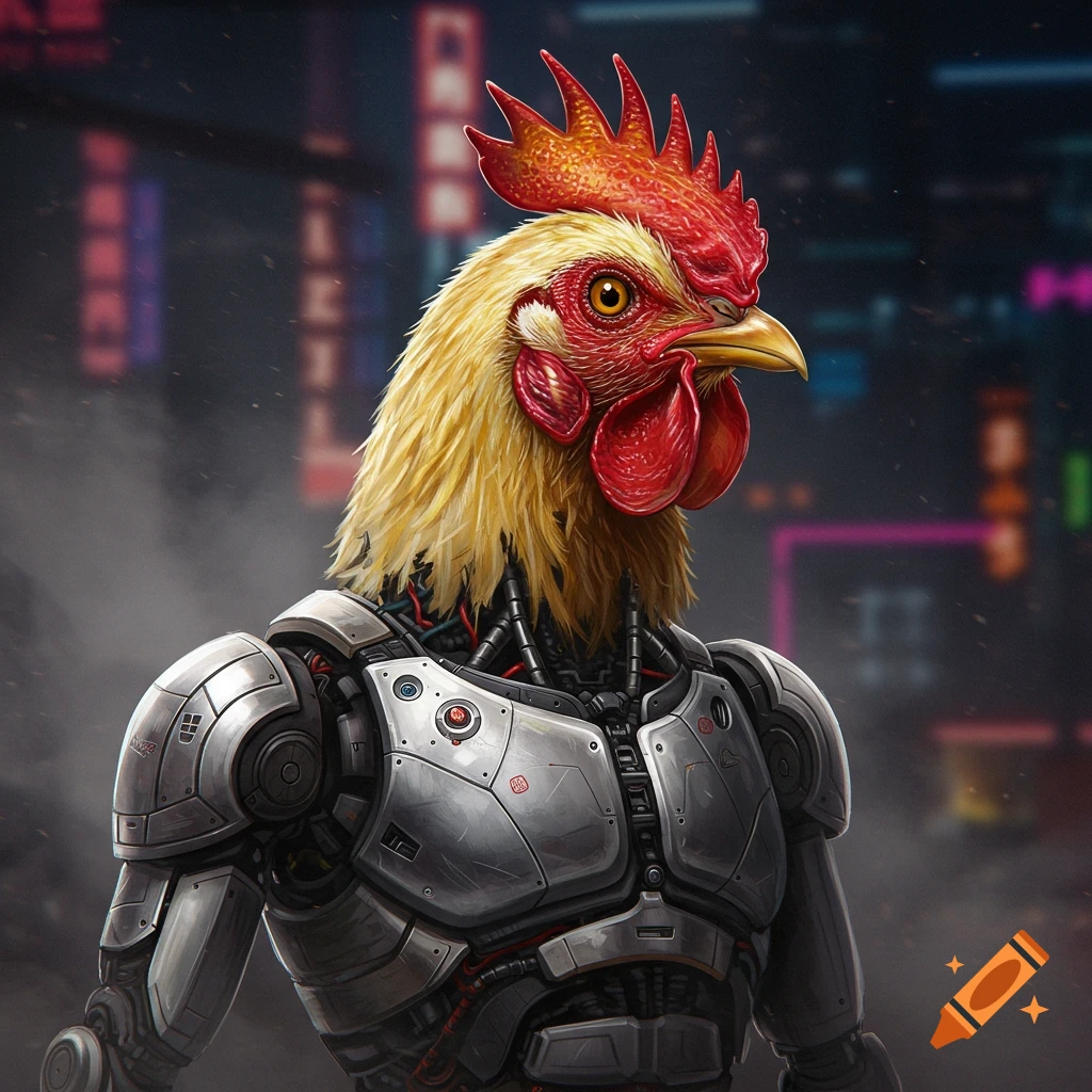 A close-up, high-quality image of a cyborg chicken, featuring a detailed rooster head atop a futuristic, metallic robot body with wires and armor, against a dark, blurry cyberpunk city background.