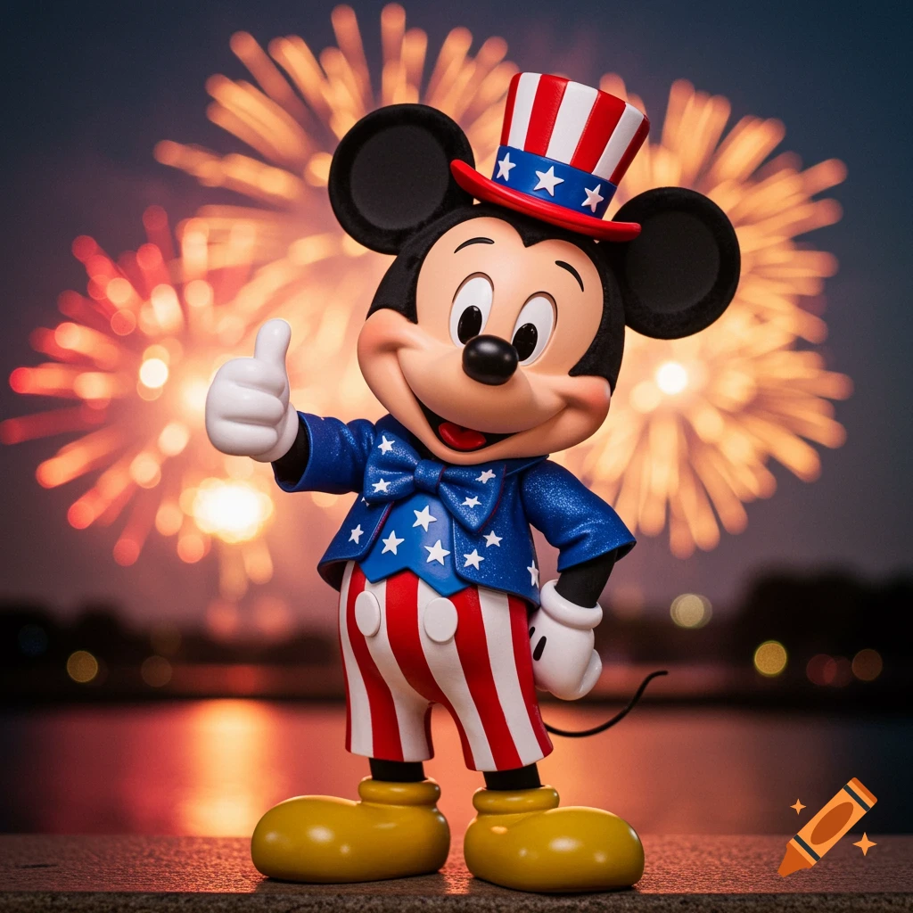 Mickey Mouse in a patriotic Uncle Sam outfit gives a thumbs up against a backdrop of colorful fireworks at night.