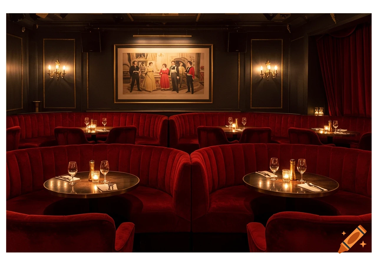 A lavish supper club interior with plush red velvet booths and chairs, round tables with candles, and a large framed painting on a dark wall.