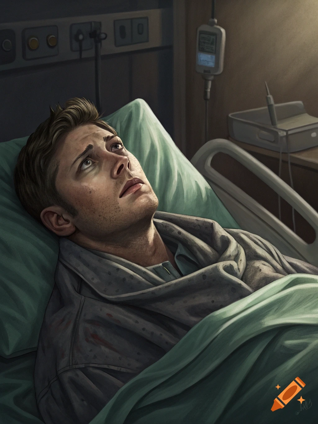 A man resembling Dean Winchester lies in a hospital bed with a distressed expression, looking upwards. An IV drip is visible.