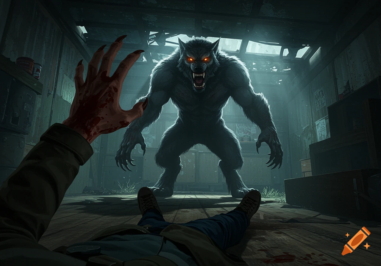 First-person perspective of a person with bloody hands on the floor, looking up at a snarling werewolf with glowing eyes in a dark, dilapidated room. Digital art.