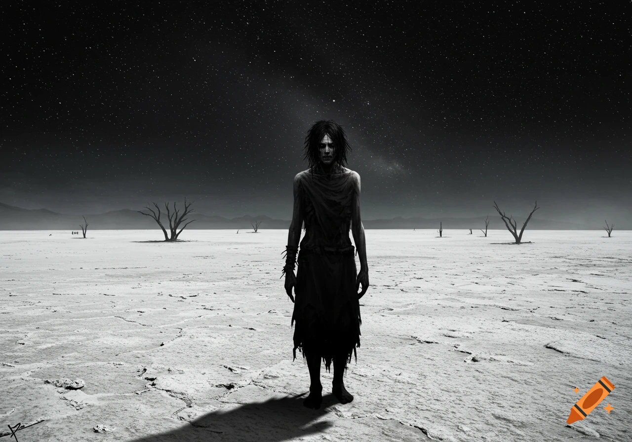 A gaunt figure in tattered clothing stands alone in a desolate, cracked wasteland under a starry night sky in black and white.