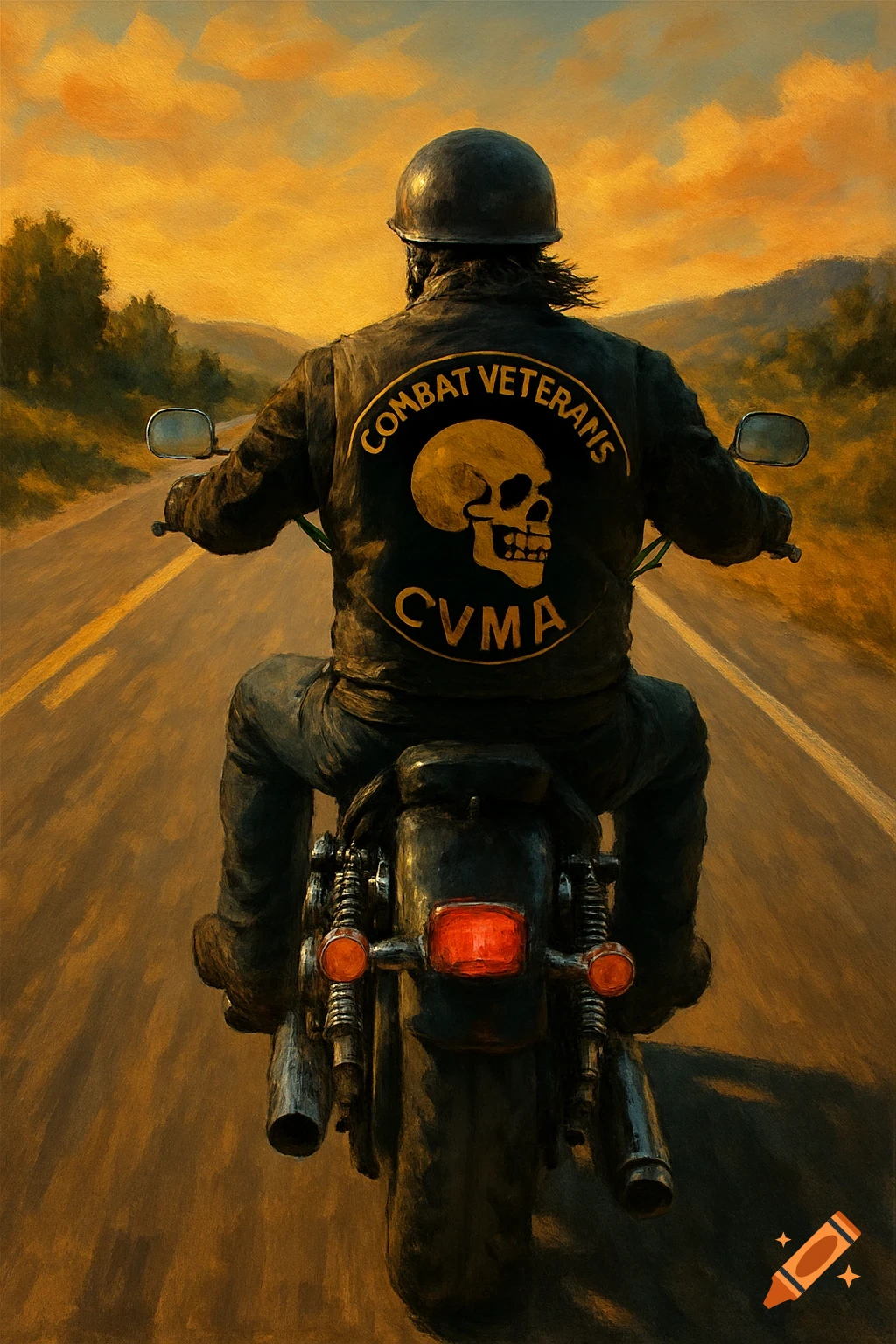 Painterly image of a biker on a motorcycle on a highway at sunset, seen from behind.