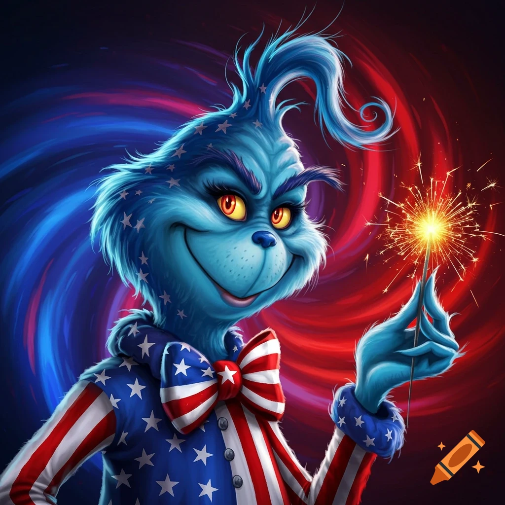 A blue Grinch-like character in a patriotic red, white, and blue suit, holding a lit sparkler against a swirling red and blue background.