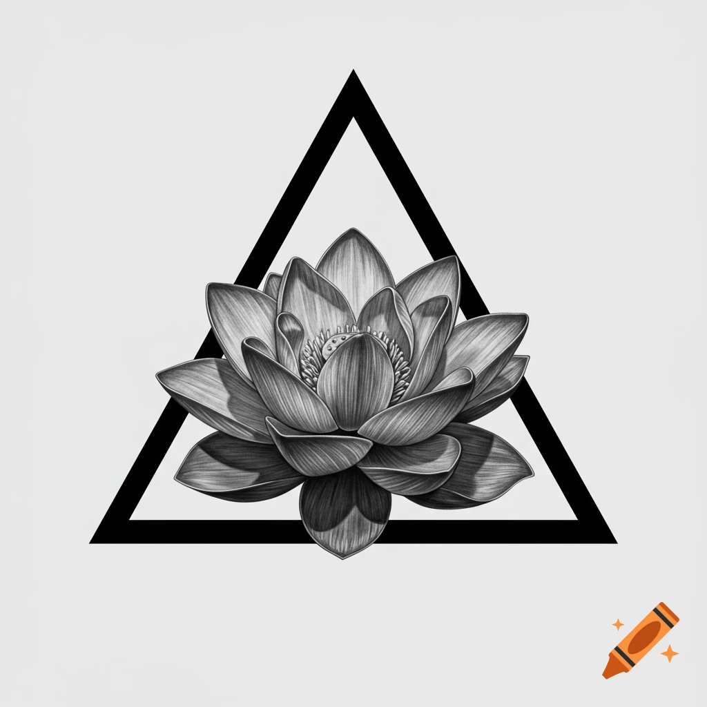 Black and white hyper-realistic tattoo design of a detailed lotus flower centered inside an equilateral triangle.