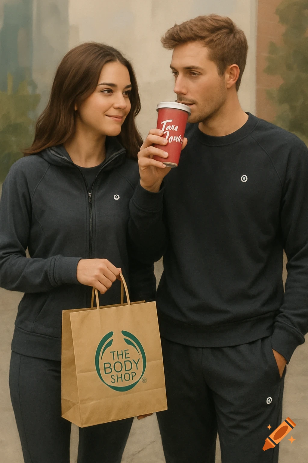 A young couple, dressed in dark athleisure wear, walk outdoors. The woman holds a 'The Body Shop' bag, while the man sips from a red coffee cup.