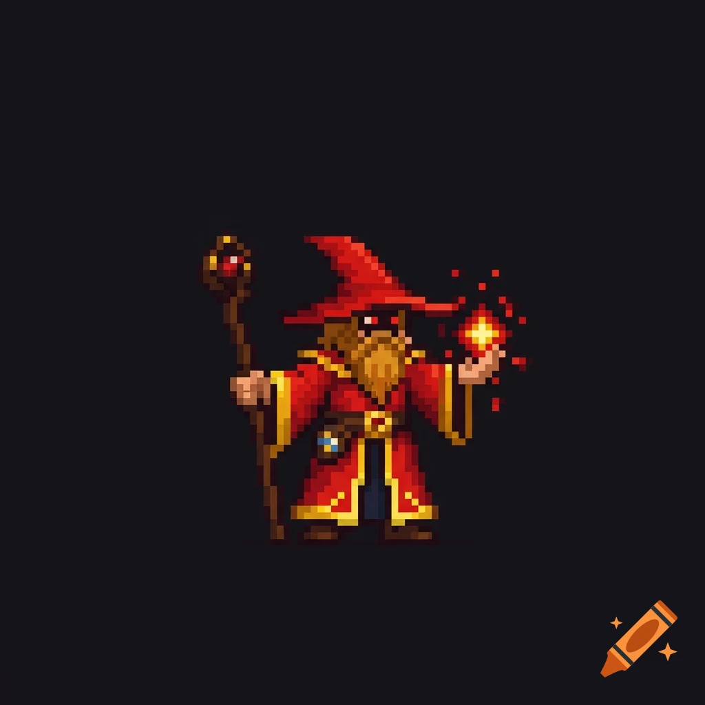 A pixel art wizard in a red robe and hat, with a beard, holding a staff and casting a fiery spell.