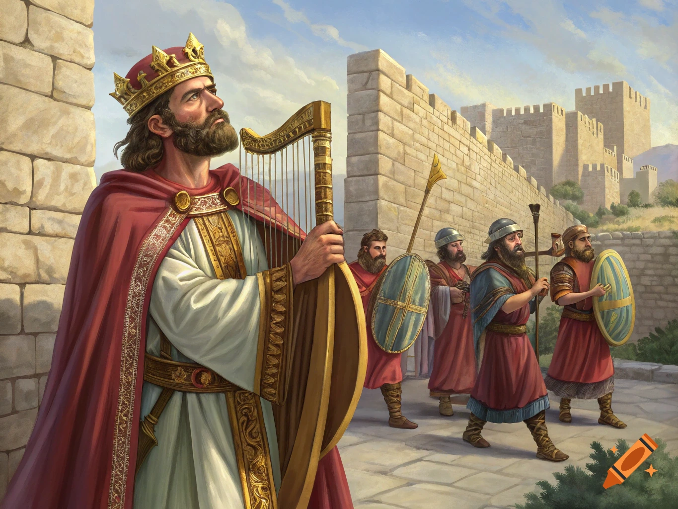 King David in a red cape and crown, holding a harp, stands by stone city walls with soldiers.