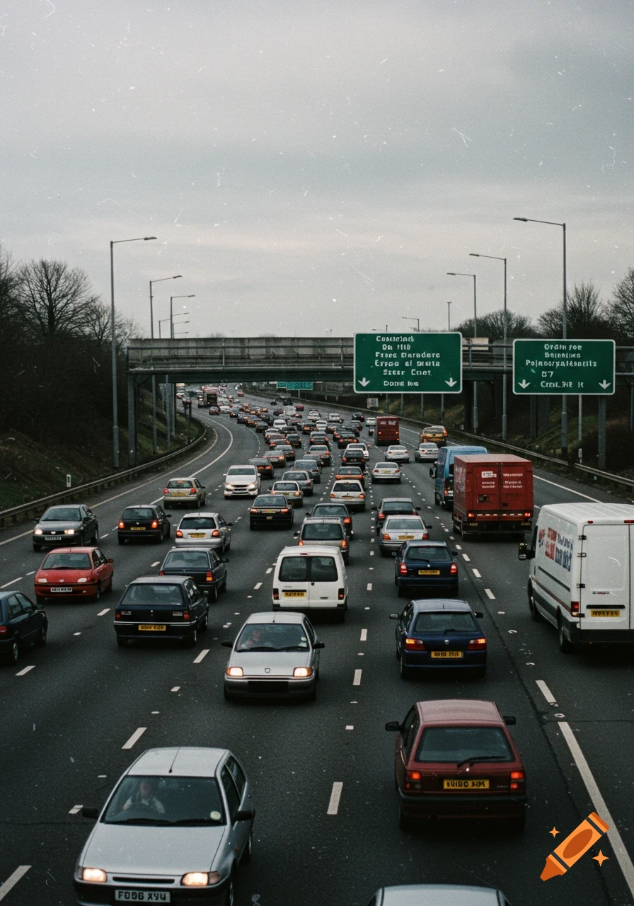 Heavy traffic on a multi-lane highway under an overcast sky, featuring cars typical of the 1990s.