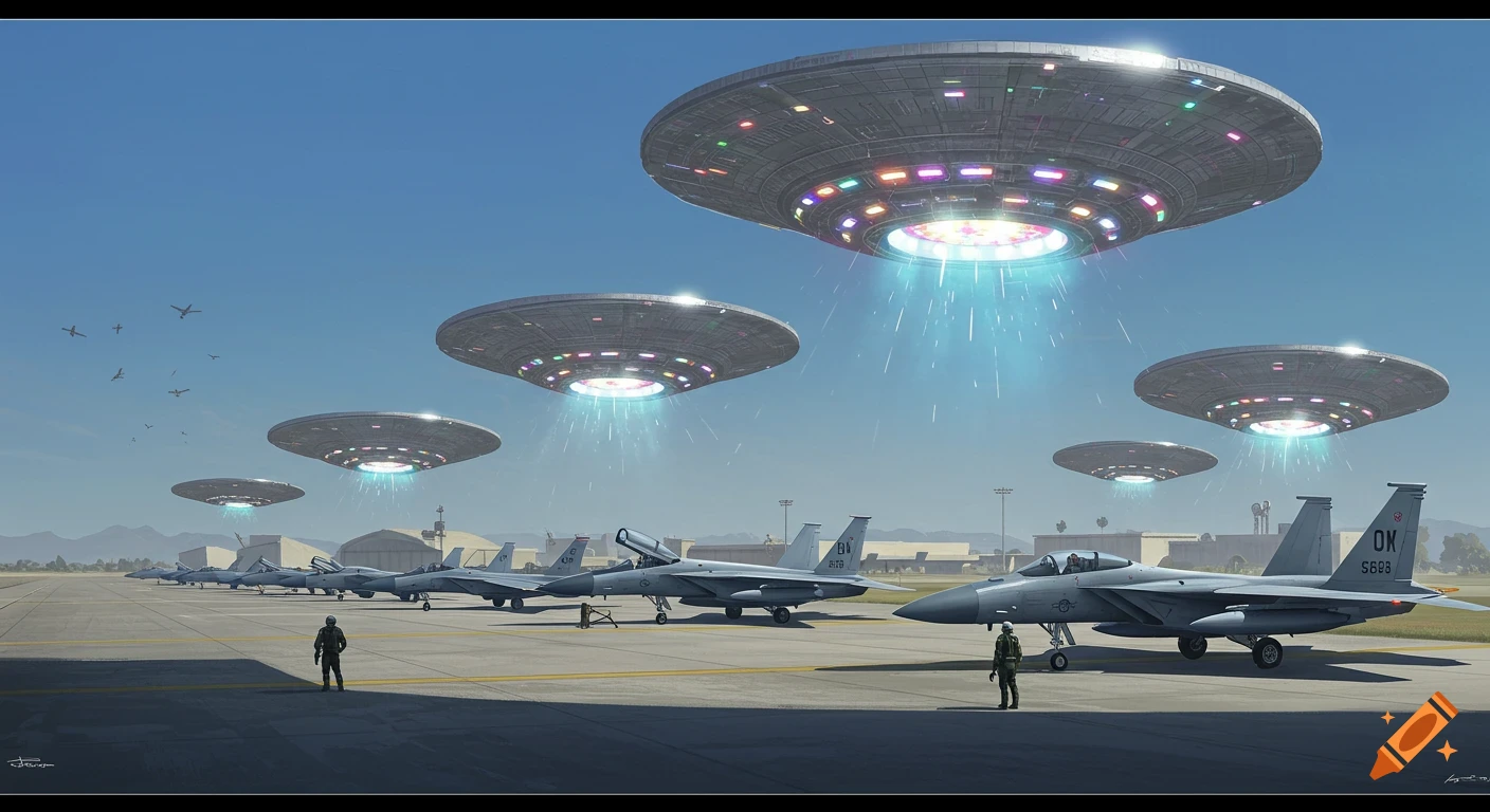 Multiple glowing UFOs hover over a military air base with fighter jets lined up on the tarmac, observed by soldiers.