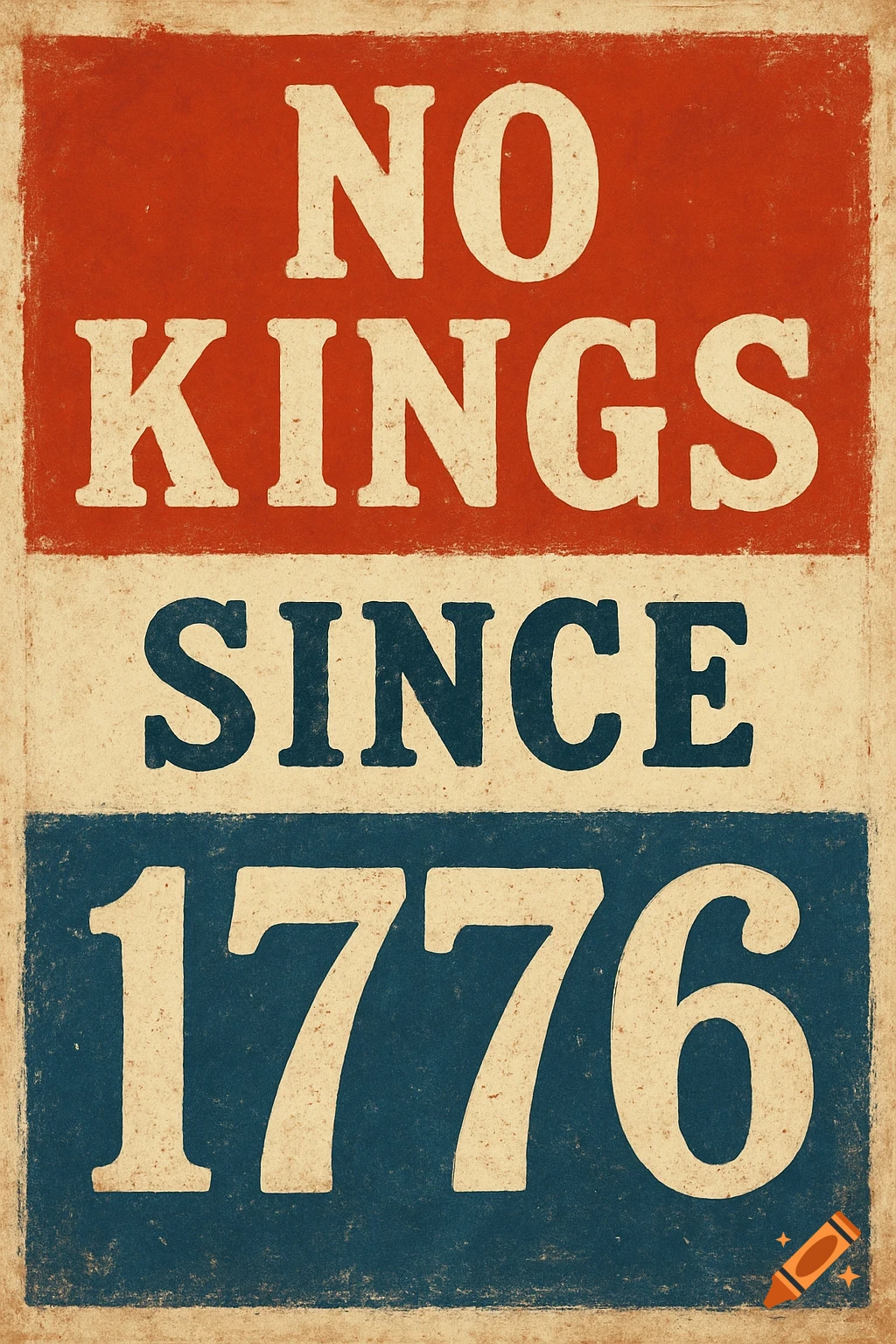 A distressed vintage-style poster in red, off-white, and blue, with the bold text "NO KINGS SINCE 1776" centered.