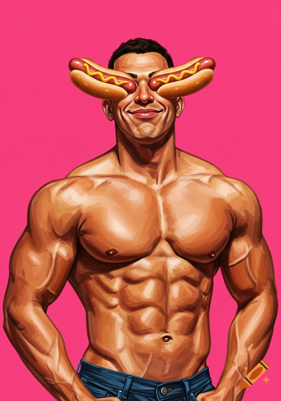 A muscular man with hot dogs covering his eyes smiles against a vibrant pink background in an illustrative style.